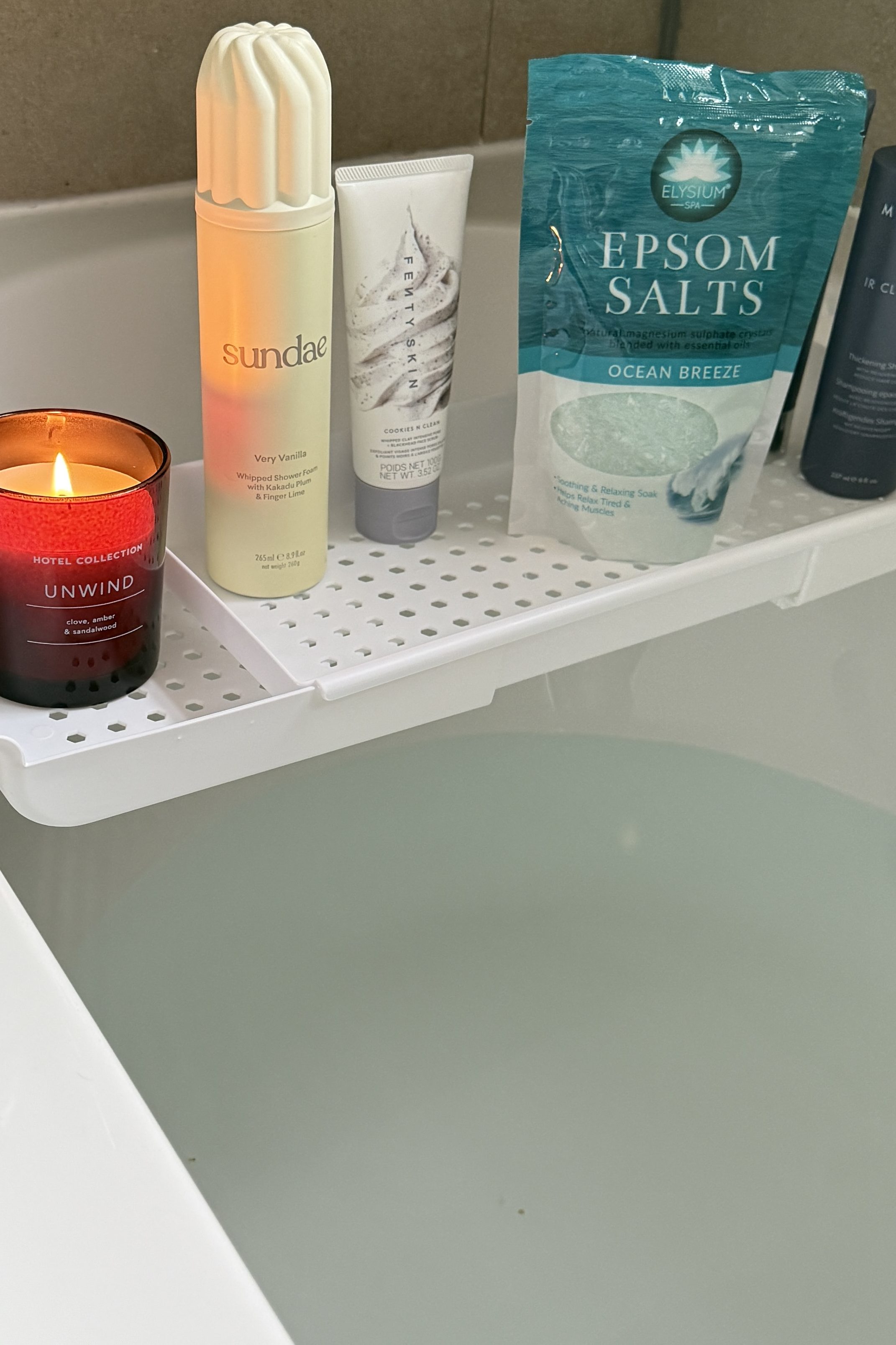 bath caddy selfcare wellness bath spa bath candle shower gel bath salts