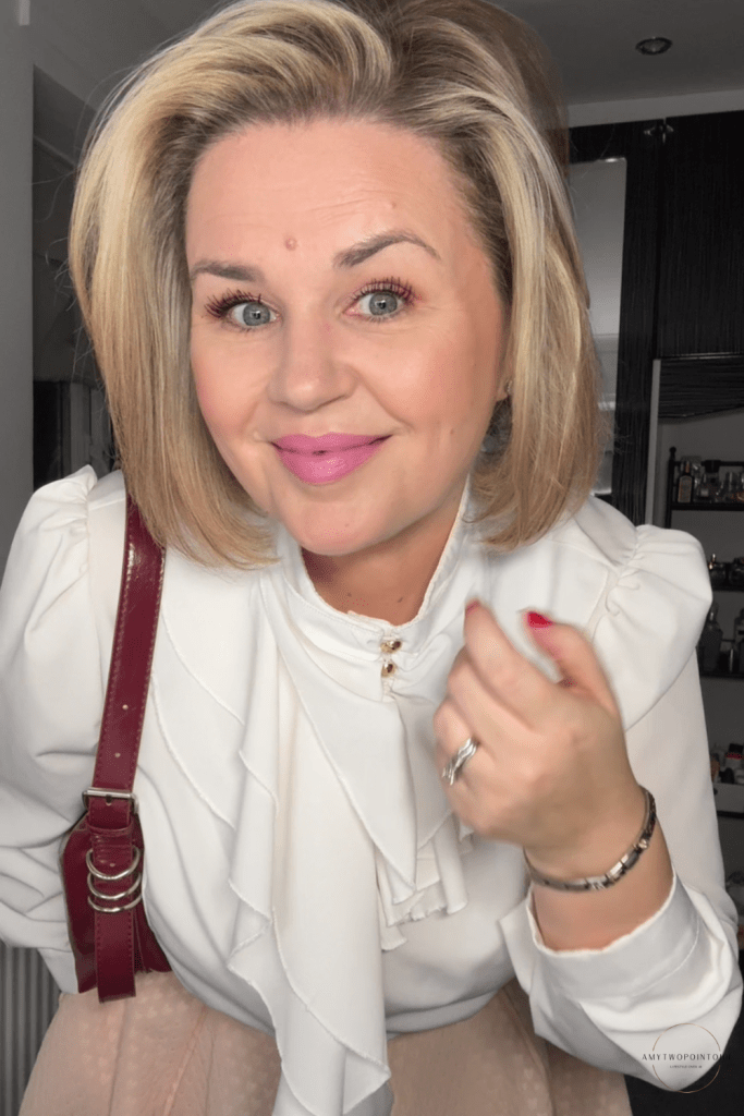  after showing thinning hair not styled and the after shot showing volume and a smooth sleek blonde  bob