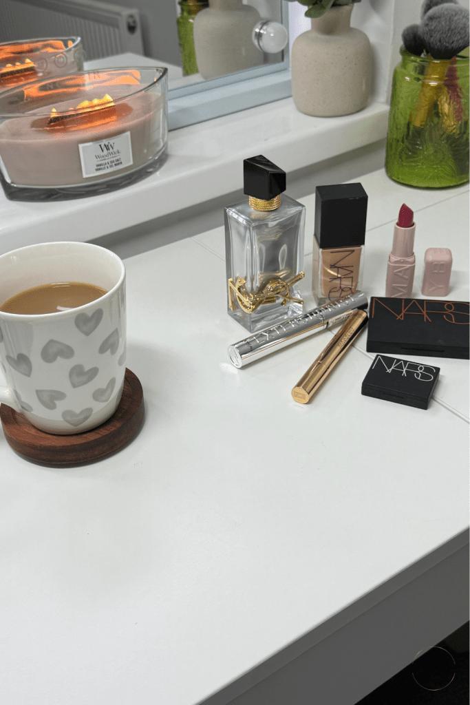 make up vanity aesthetic with a mix of high end and affordable high street make up including the Maybelline 8HR Serum Satin Lipstick – Fit Check