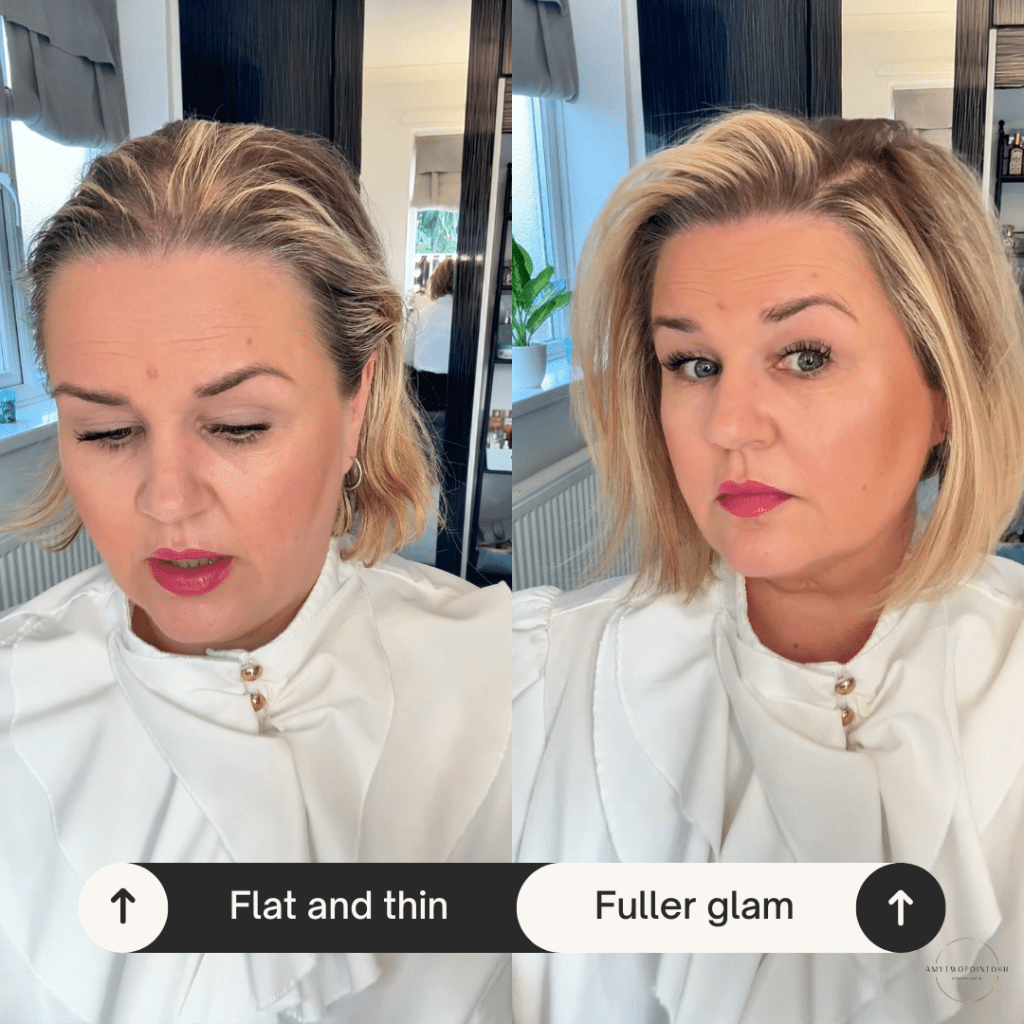 before and after showing thinning hair not styled and the after shot showing volume and a smooth sleek blonde  bob